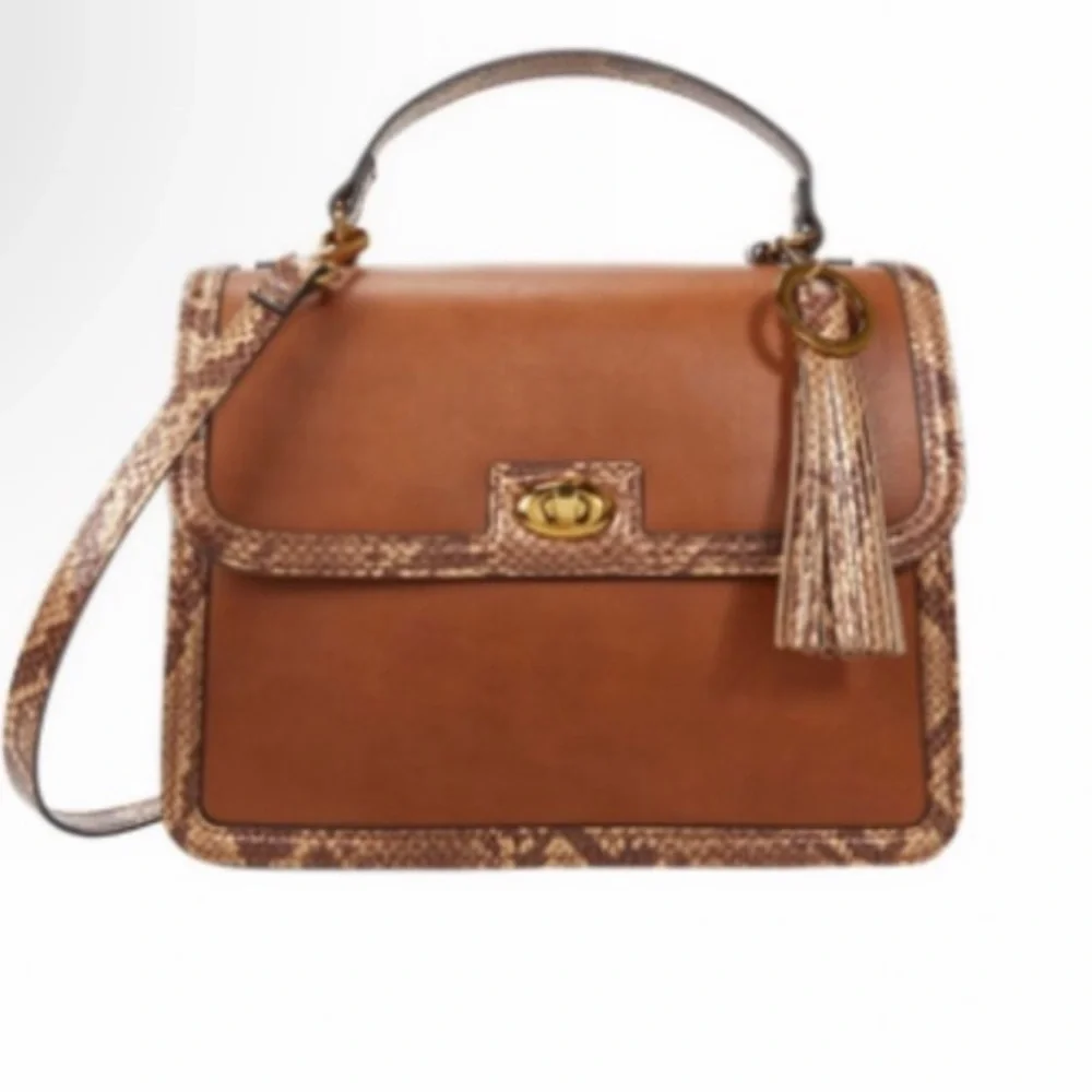 Rachel Zoe Celeste Vegan Satchel Brown Snake Print Trim Womens Chic Purse